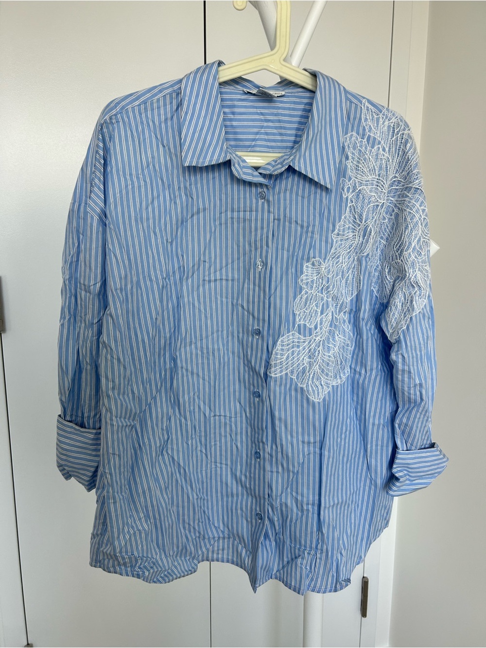Christian Lacroix Light Blue Striped Button-Down with White Floral Lace Detail